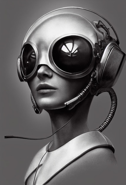realistic portrait of a scifi steampunk girl in a cyber helmet hightech retro man