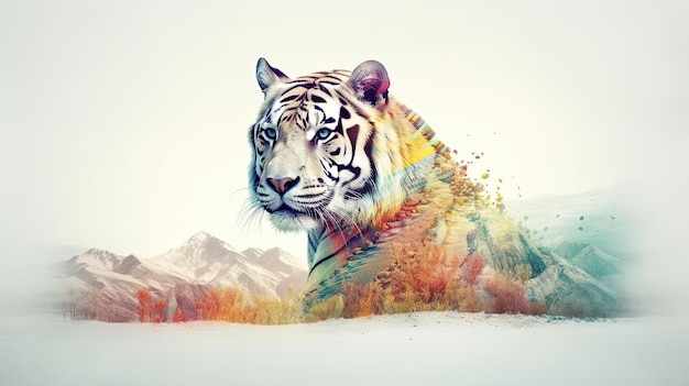 Realistic portrait of a tiger head Double exposure illustration of animal Generative AI