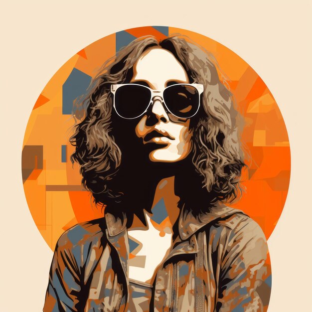 Photo realistic portrait of a woman in sunglasses with retro rock elements