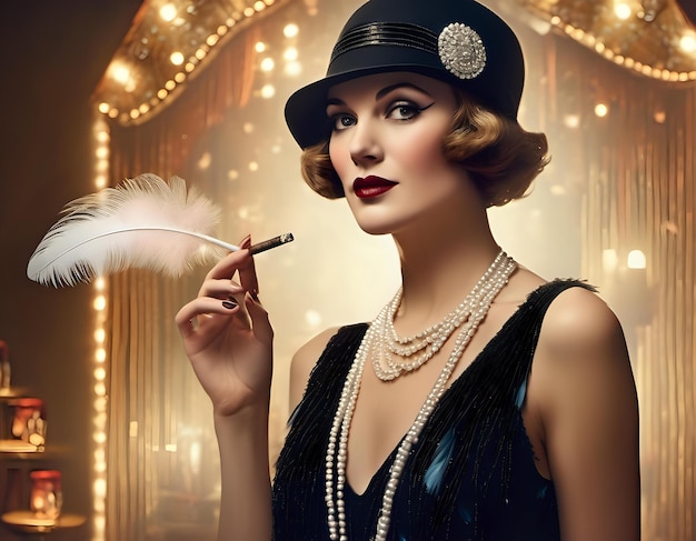 A realistic portrait of a woman wearing a flapper costume and holding a cigarette with a speakeasy