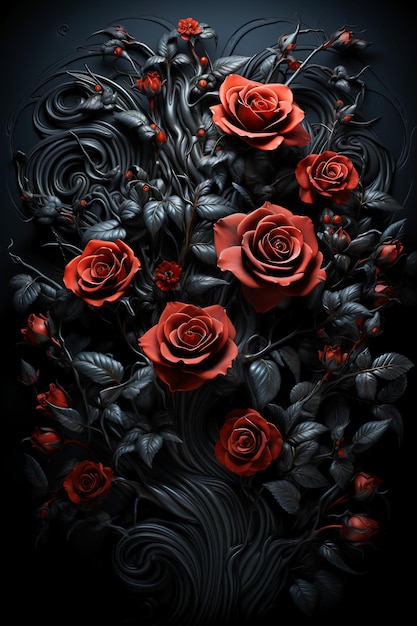реалистичное изображение черных роз, образующих прямую границу на сплошном черном фоне, созданное AI