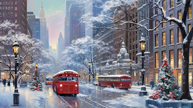 雪 に 浸かっ て いる 都市 の 現実 的 な 描写 冬 の 都市 景色