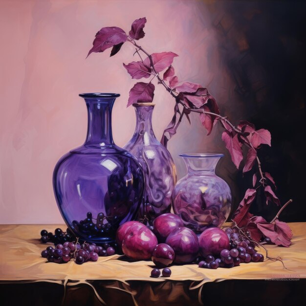 Photo realistic portrayal of light and shadow purple vases and grapes