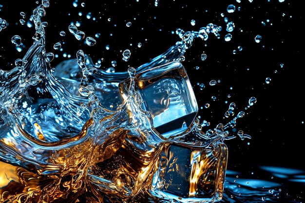 Realistic pour flow on blue ice cube on transparent background