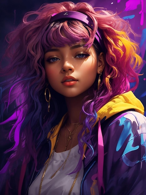 A realistic pretty rapper girl in colorful style looking at the camera