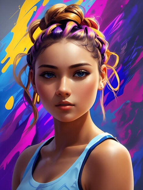 A realistic pretty sports girl in colorful style looking at the camera