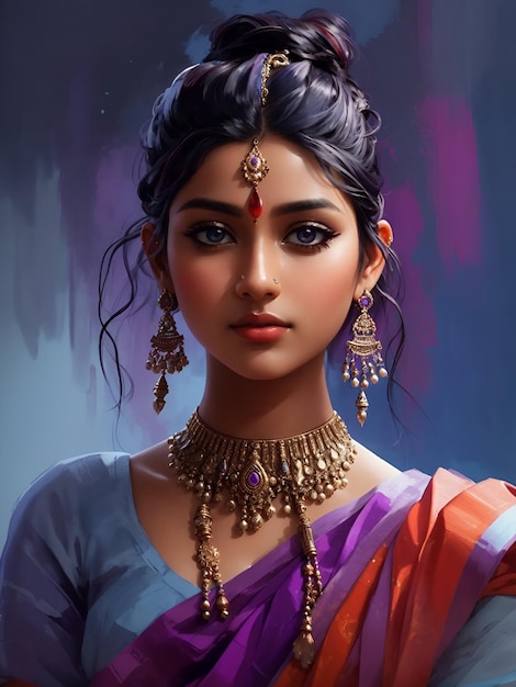 A realistic pretty young indian woman or girl in gold ornaments looking at the camera