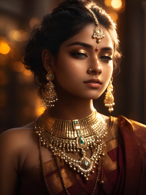 A realistic pretty young indian woman or girl in gold ornaments looking at the camera