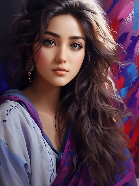 A realistic pretty young modern asian girl in colorful style looking at the camera