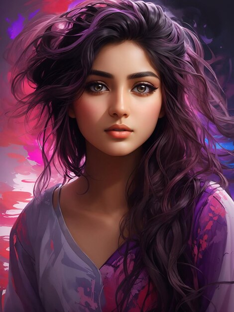 A realistic pretty young modern asian girl in colorful style looking at the camera