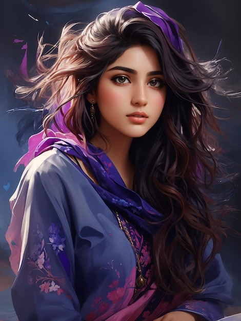 A realistic pretty young modern asian girl in colorful style looking at the camera