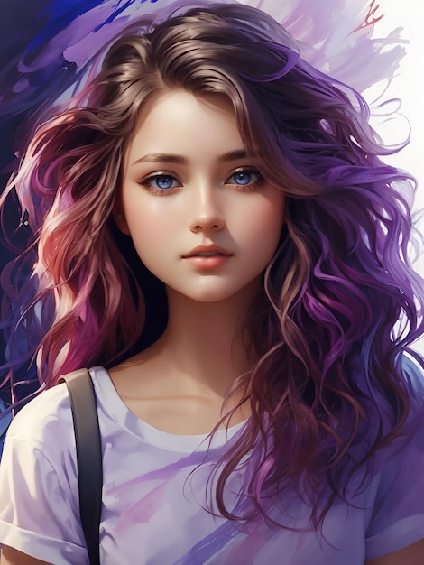 A realistic pretty young modern woman or girl in colorful style looking at the camera