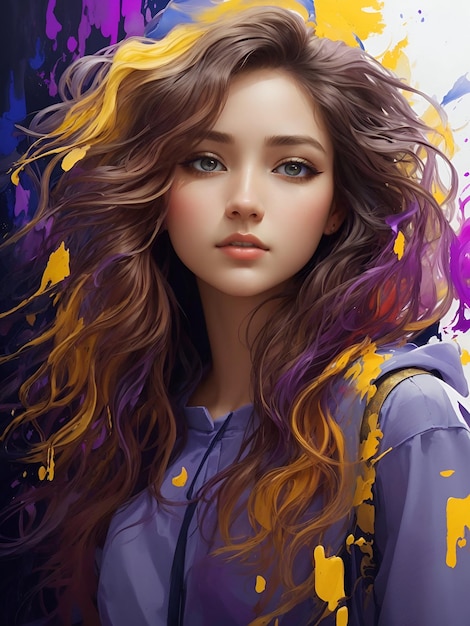 A realistic pretty young modern woman or girl in colorful style looking at the camera