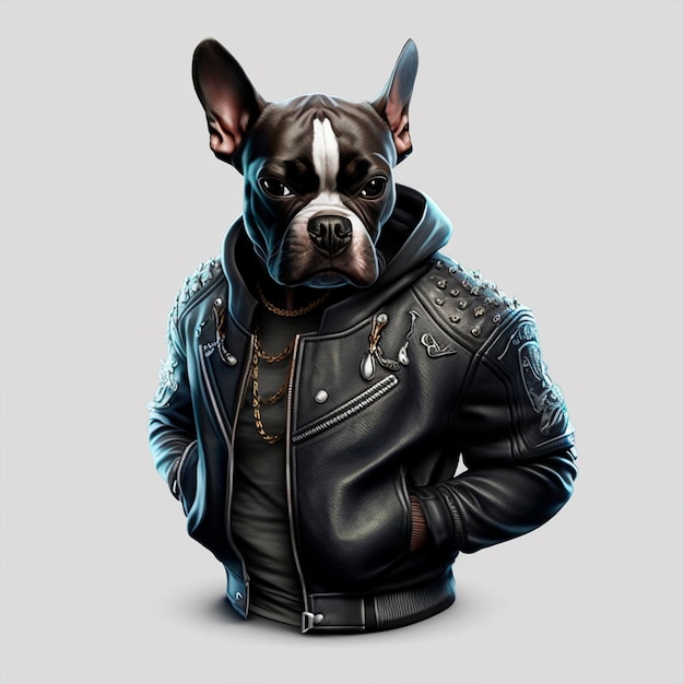 Realistic print of stylish black dog wearing jacket