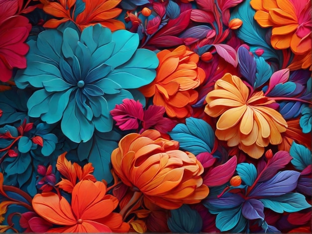 Realistic psychedelic pattern and bright colors of flowers