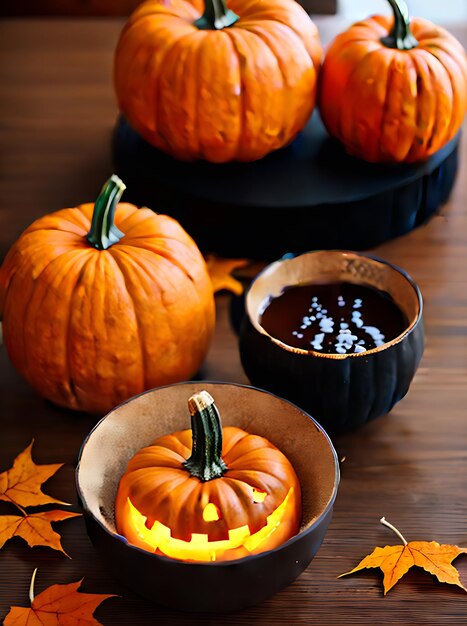 ニュートラルカラーのリアルなカボチャのハロウィーンのテーマ 温かみのある照明 非常に詳細な居心地の良い雰囲気 誰もいないレストラン ロングショット ジェネレーティブ AI で生成