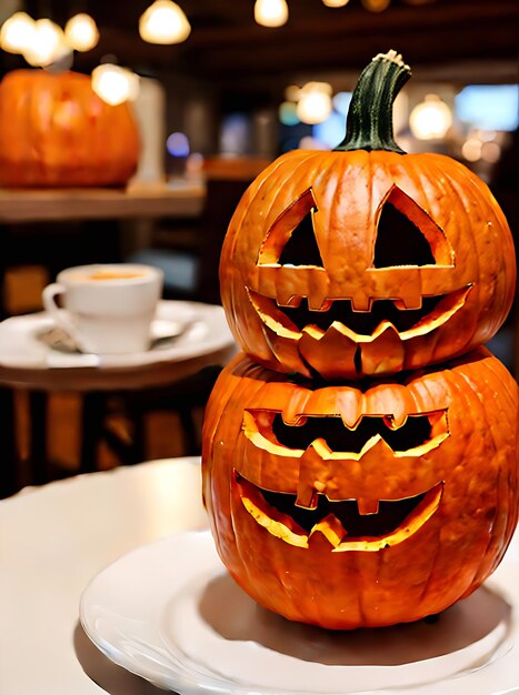 Realistic pumpkin with warm lighting highly detailed in a cozy atmosphere neutral color palette of a restaurant with an extreme long shot and no customers generative ai generated