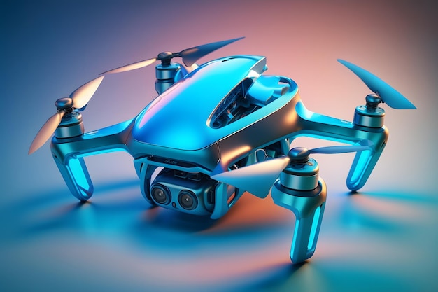 Realistic quadrocopter drone with propeller fans on glowing blue background Neural network generated art