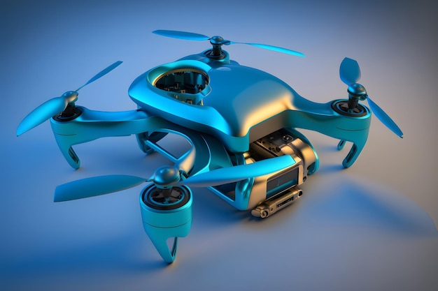 Photo realistic quadrocopter drone with propeller fans on glowing blue background neural network generated art
