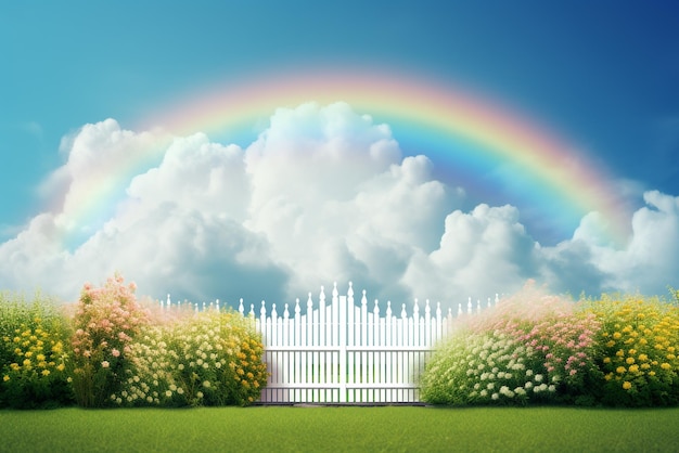 realistic rainbow on top of a hill with a fence and clouds in the style of minimalist backgrounds