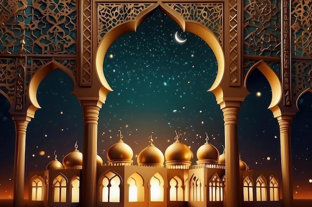 Realistic ramadan background with mosque moon stars lantern and bokeh Generative AI