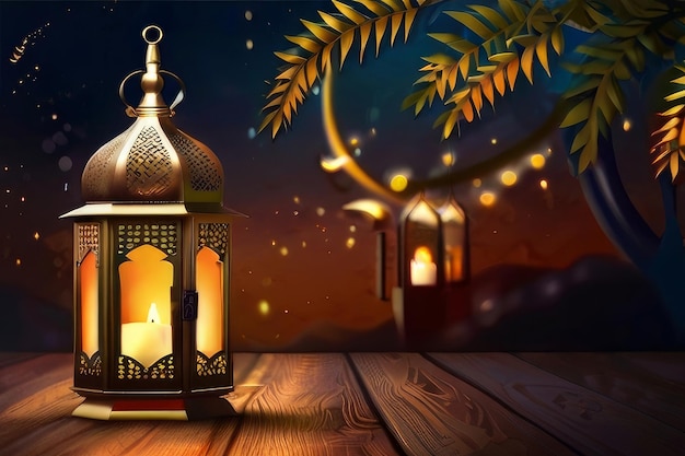 Realistic ramadan background with mosque moon stars lantern and bokeh Generative AI