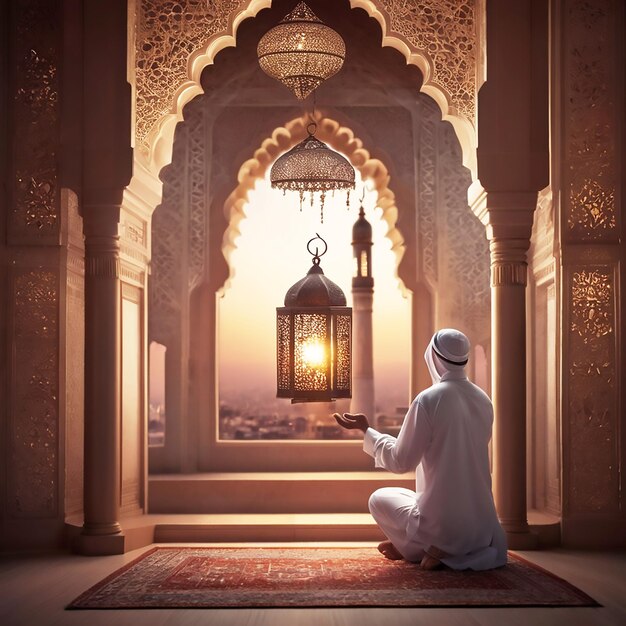 Realistic ramadan background with mosque moon stars lantern and bokeh Generative AI