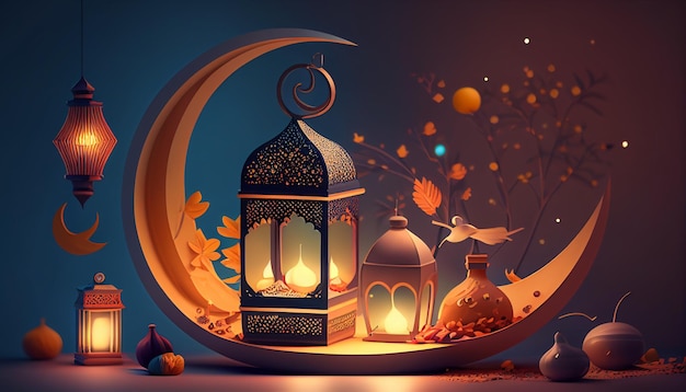 Realistic ramadan kareem eid mubarak background with crescent moon and mosque Generative AI