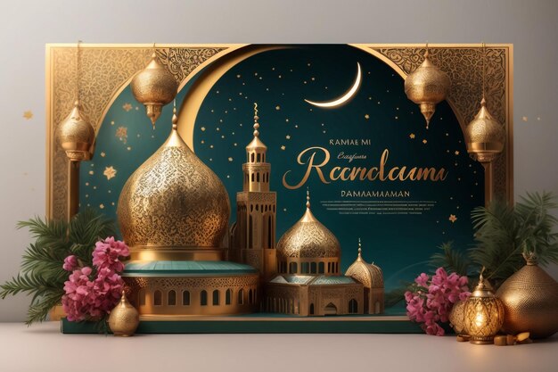 realistic ramadan kareem illustration background with mosque candle lanterns and stars vector des