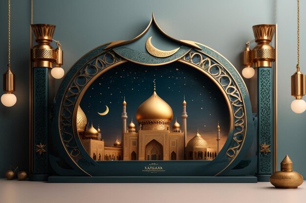 realistic ramadan kareem illustration background with mosque candle lanterns and stars vector des