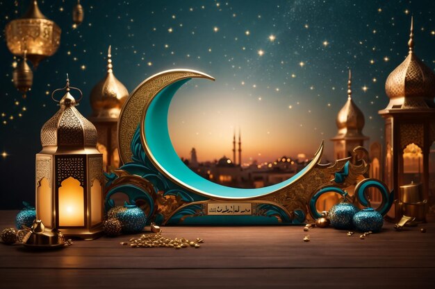 realistic ramadan kareem illustration background with mosque candle lanterns and stars vector des