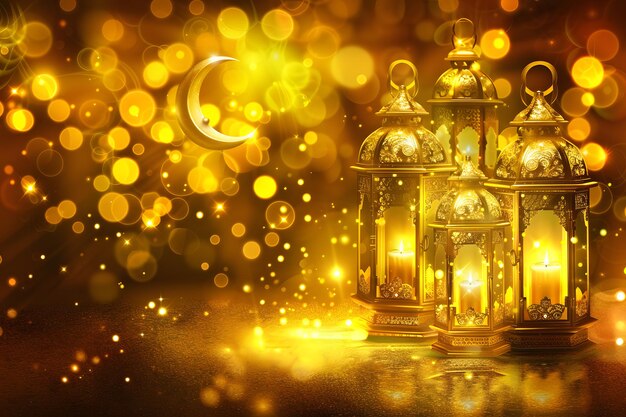 Photo realistic ramadan kareem with lantern and crescent moon in sparkling gold color