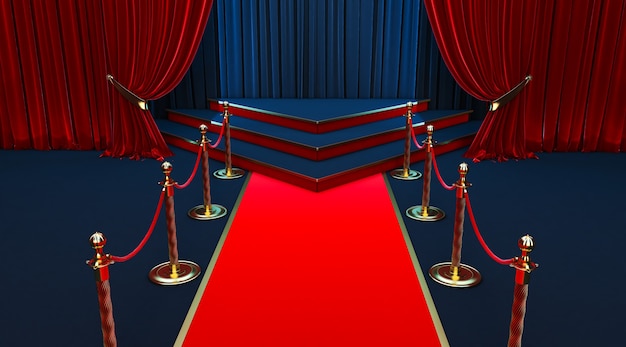 Realistic red carpet and pedestal with barriers fences and velvet rope