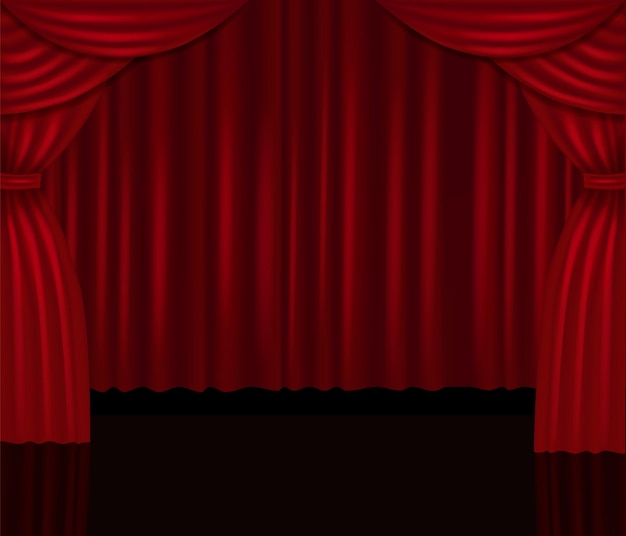 Realistic red curtains and stage with fairy glow vector background award show stage red drapery and