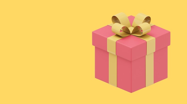 Realistic red gift box with yellow ribbon 3D rendering Icon on yellow background text space