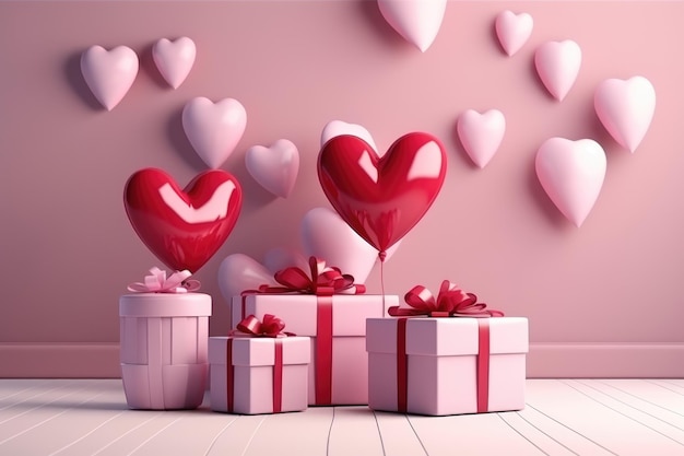Foto scatole regalo rosse realistiche scatole regalo piene di oggetti festivi decorativi disegno di san valentino bandiera vacanza poster web flyer copertina della carta di auguri sfondo romantico ia generativa