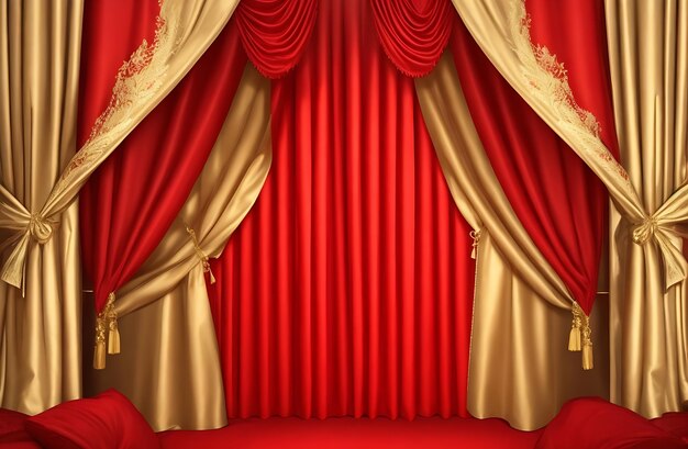 Realistic red grand opening curtain background plus scattering golden confetti