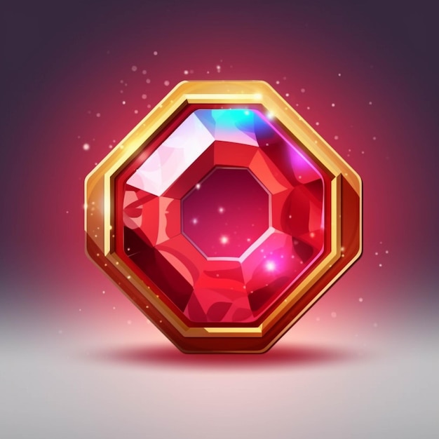 Realistic red jewel with shiny gold frame on a gray background generative ai