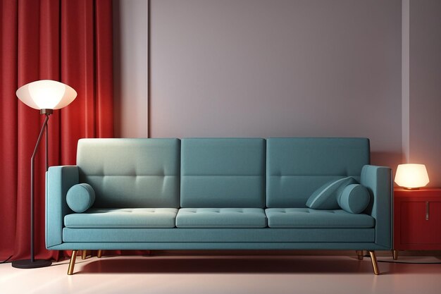 Realistic red square sofa with lamp