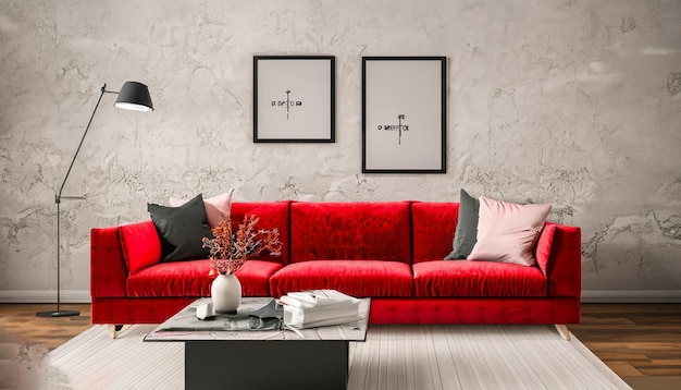 Реалистичный красный квадратный диван с лампой