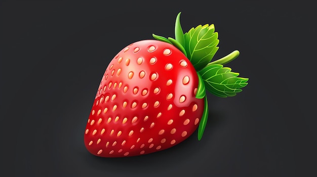 Photo a realistic rendering of a strawberry the strawberry is red with green leaves it is sitting on a dark background
