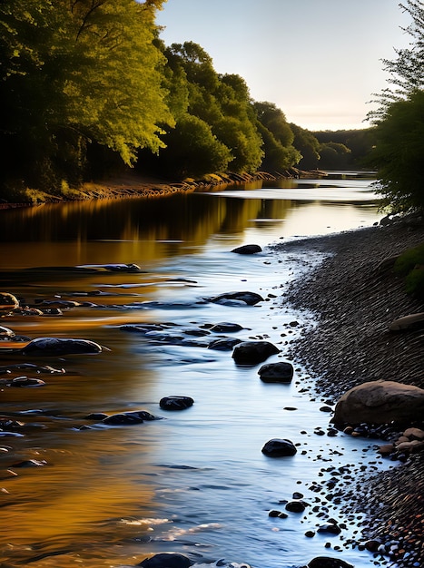 Photo realistic river footpath neutral palette warm lighting
