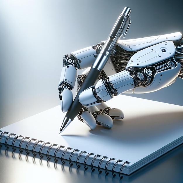 Photo realistic robotic hand holding a pen over a notebook