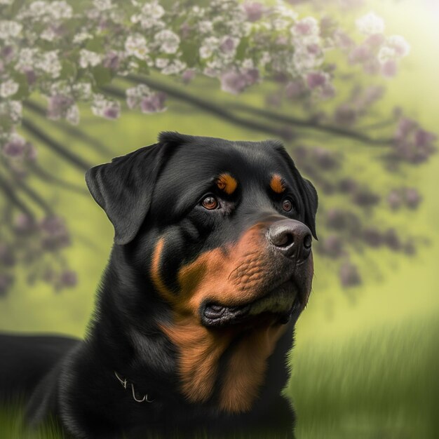 Realistic rottweiler dog on ravishing natural outdoor background