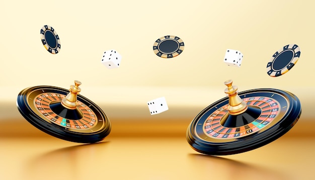 Realistic roulette wheel on gold background realistic casino\
roulette table flying chips and dice