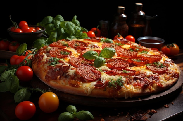 Photo realistic round juicy pizza with cheese and pepperoni ar c