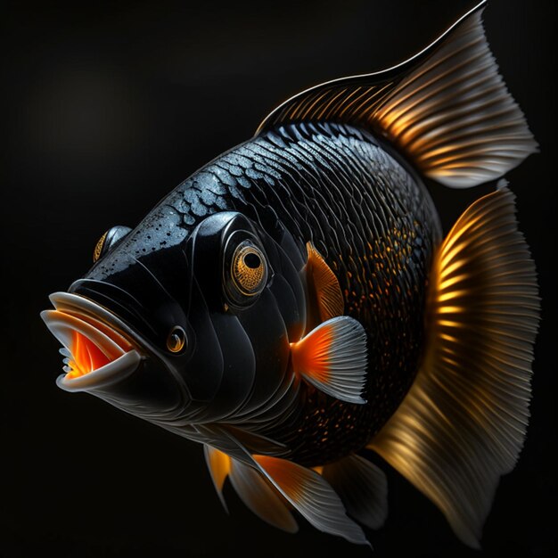 Реалистичный портрет рыбы под прожектором в темной комнате на черном фоне