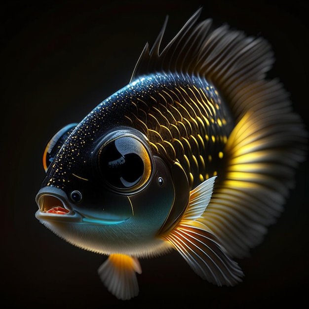 어두운 방의 검은 배경에서 스포트라이트 아래의 물고기의 현실적인 로 그라마 초상화