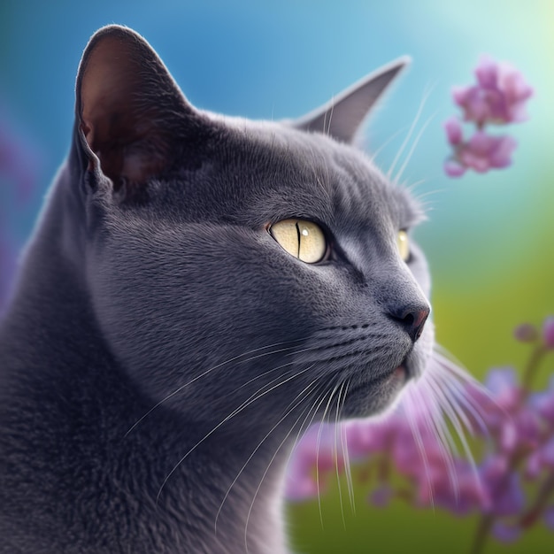 Realistic russian blue cat on ravishing natural outdoor background