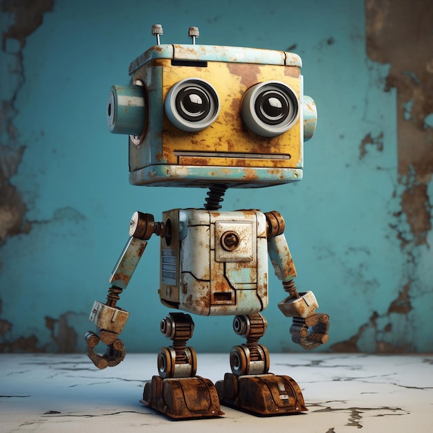 Realistic rusty vintage cute robot kid